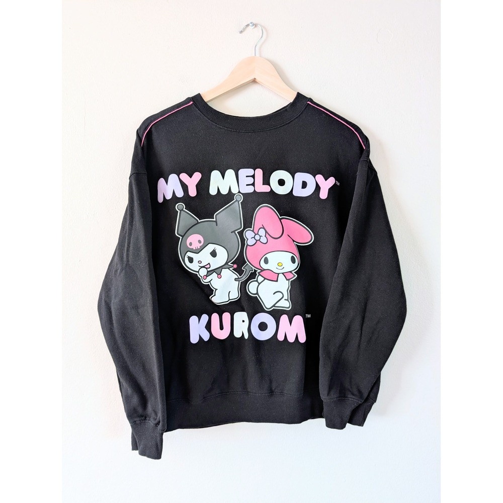 My Melody‎ Kuromi Black Graphic Crewneck Sweatshirt Women's L Sanrio Cute Pink
